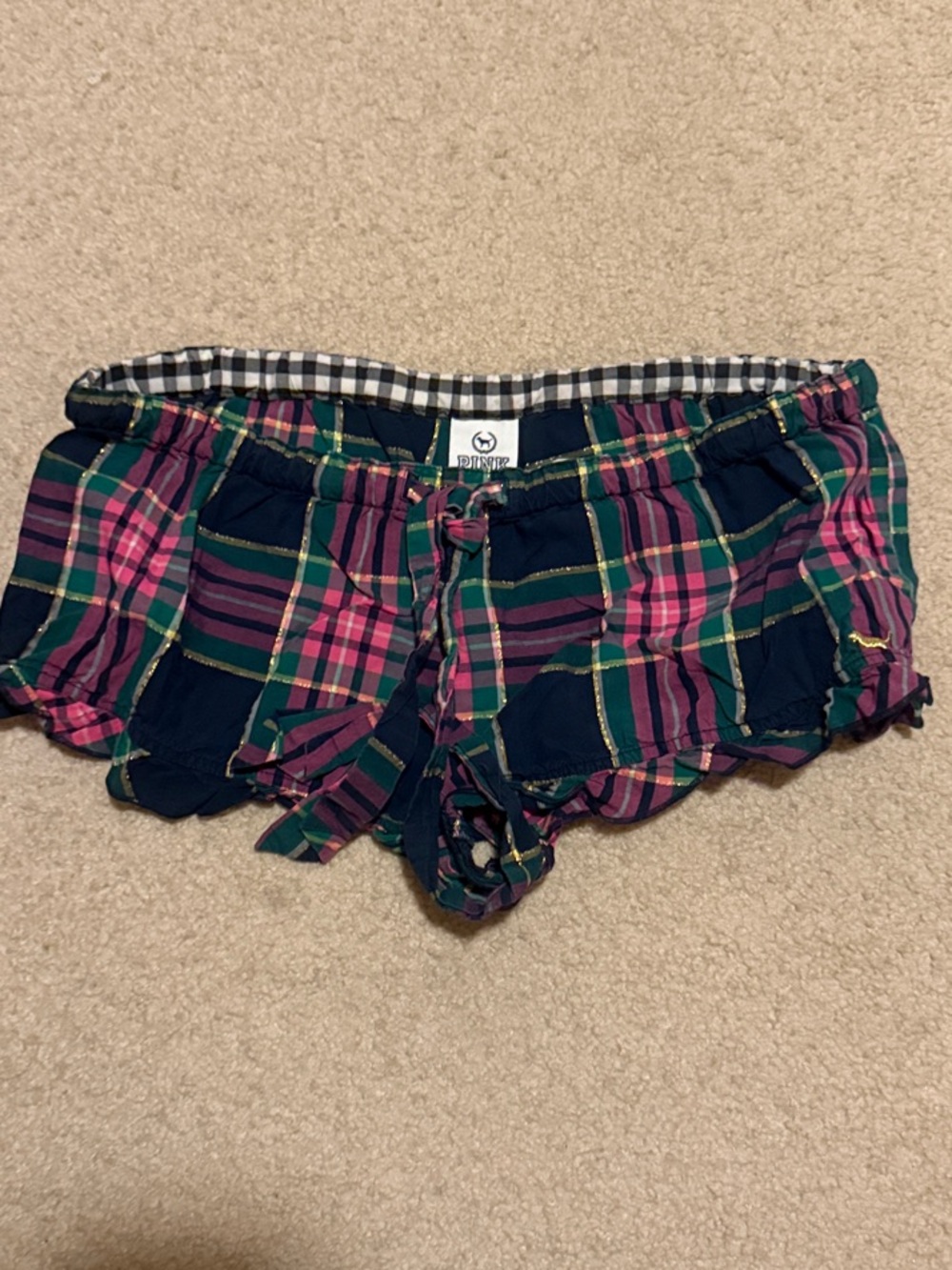 PINK Victoria's Secret Navy, Pink & Green Plaid Ruffle Lounge Shorts